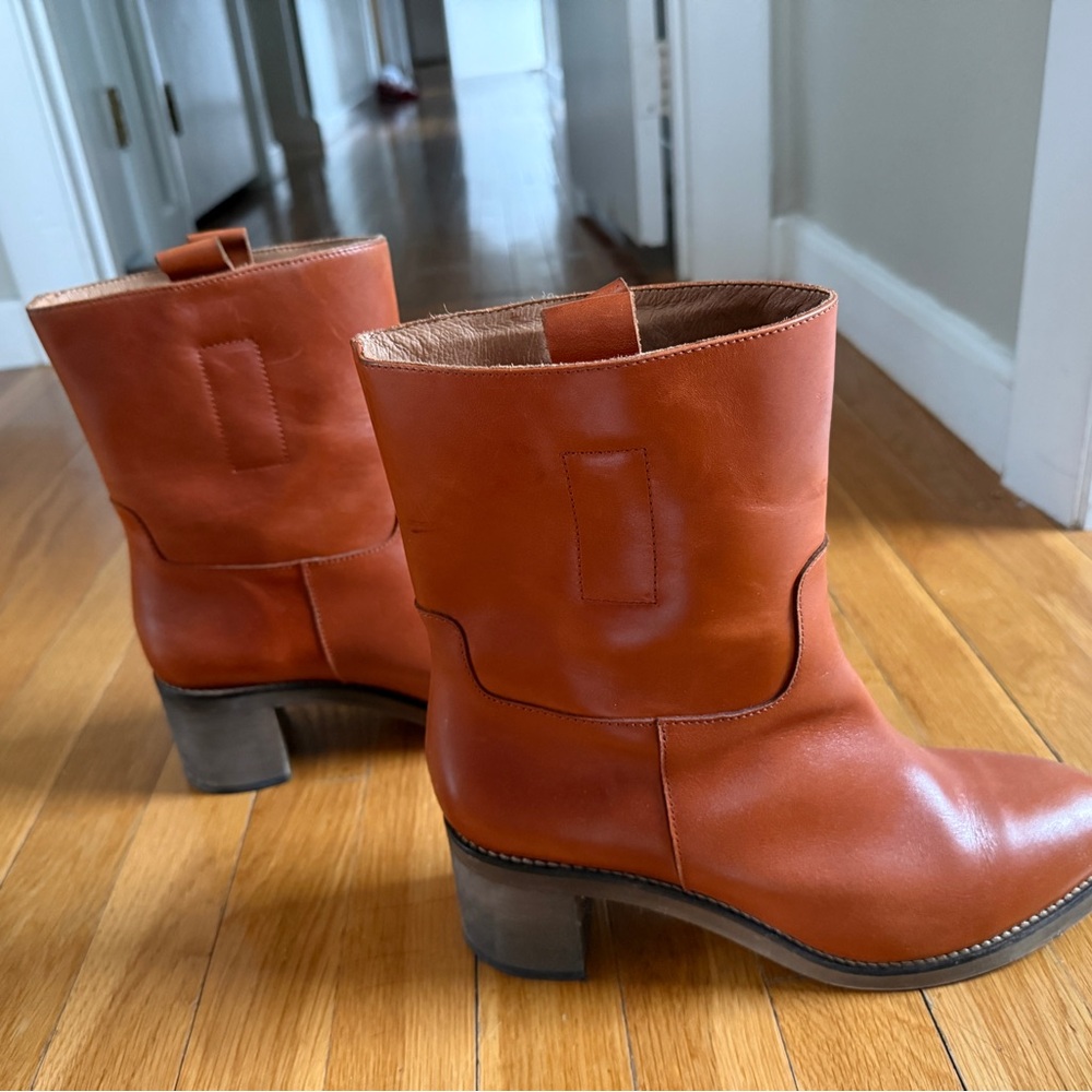 FREE PEOPLE Leather Mid-Calf Block Heel Boots